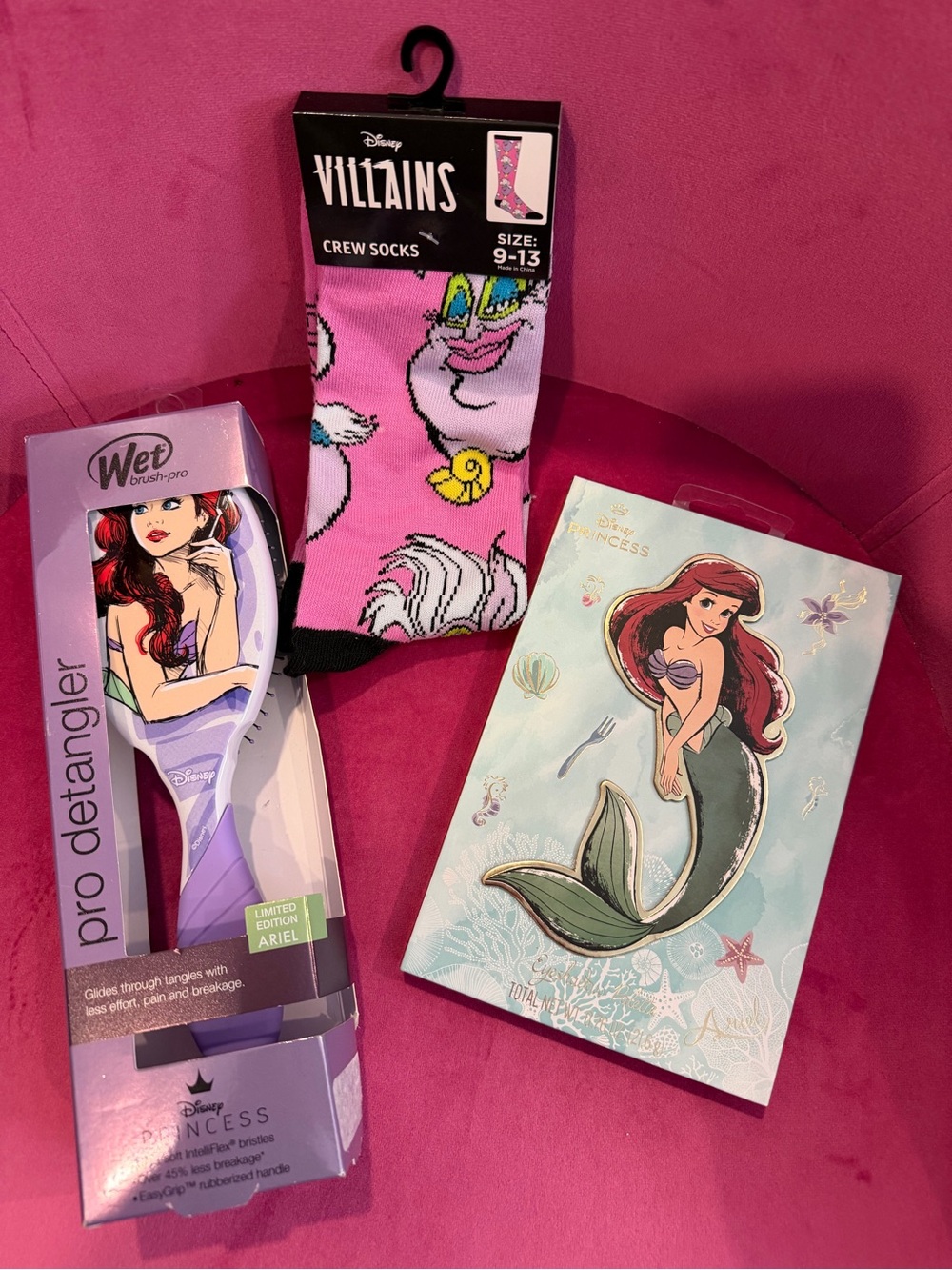 Disney Ariel Pink Crew Socks & Lavender Pro Detangler Brush Gift Set